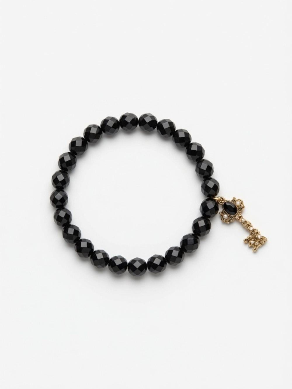 Black Crystal Beaded Key Charm Bracelet
